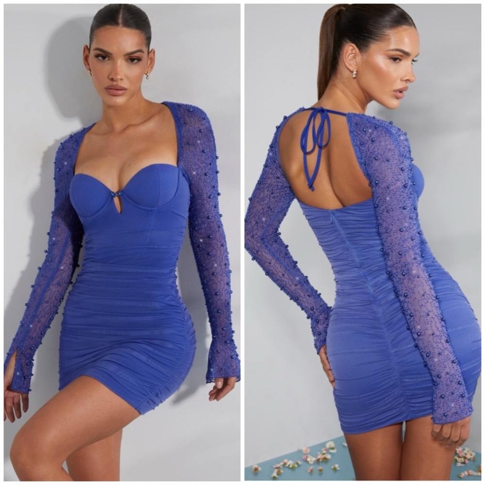 Oh Polly St Germain Embellished Long Sleeve Mini Dress in Cobalt Blue